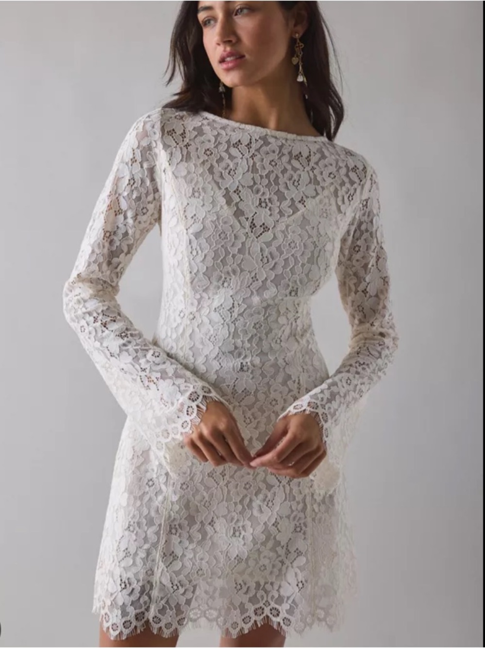ANTHROPOLOGIE AFRM Milana flare sleeve lace scalloped White bridal dress medium